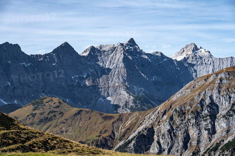 Dreizinkenspitze and Laliederer Wand, impressive rock formation in a mountain landscape, eastern Karwendel, Tyrol, Austria