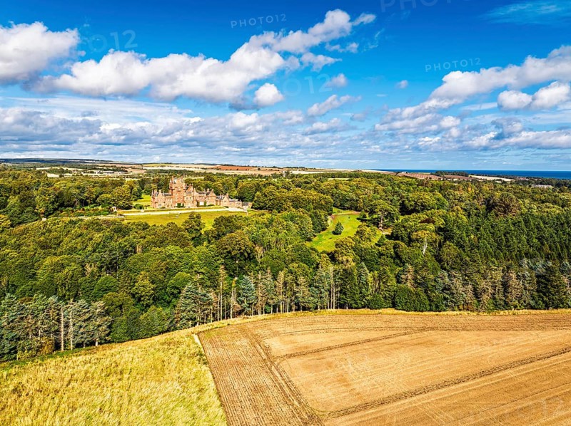 Ayton Castle from a drone, Ayton, Eyemouth, Scottish Borders, Scotland, UK