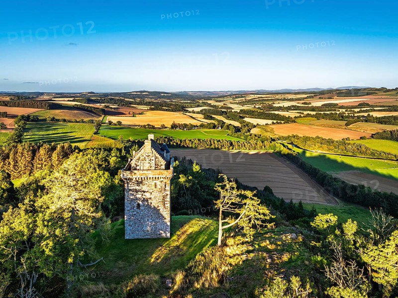 Fatlips Castle from a drone, Minto Crags, River Teviot, Roxburghshire, Scottish Borders, Scotland, UK