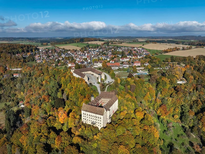 Aerial view of Heiligenberg Castle, a Renaissance-style palace complex, Tübingen administrative district, Lake Constance, Linzgau, Baden-Württemberg, Germany