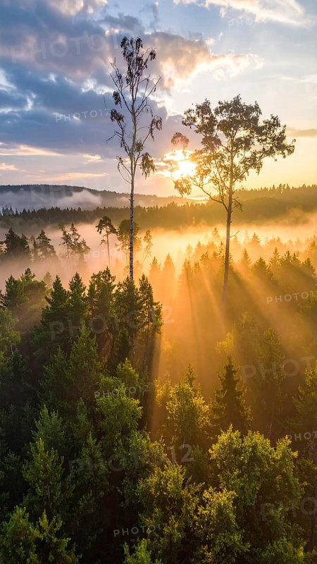 Sunrise with mist and light rays filtering through a forest dominated by tall trees, Fog covered forest in summer with mystic golden sunlight, aerial view of spring morning landscape, backlight sunshine with sunbeams, AI generated