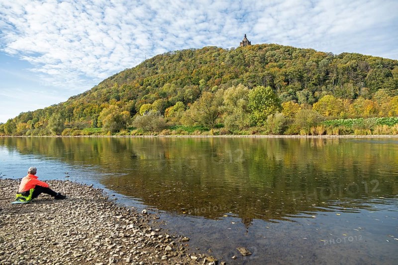 Mountain, forest, man, Weser, reflection, Kaiser Wilhelm Memorial, Porta Westfalica, North Rhine-Westphalia, Germany