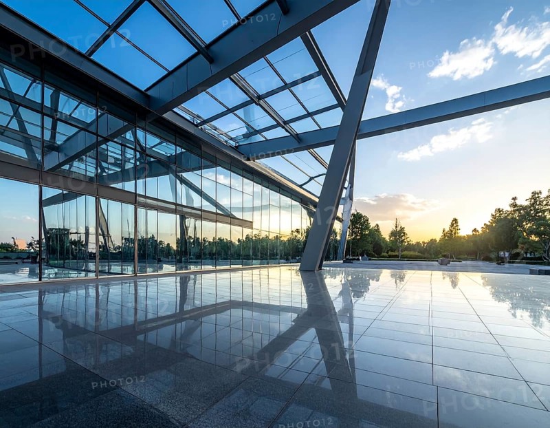 Modern architectural framework with glass and steel structure, glass facade with a greed of steel arrows, blue sky with a soft golden light of a sunrise, AI generated