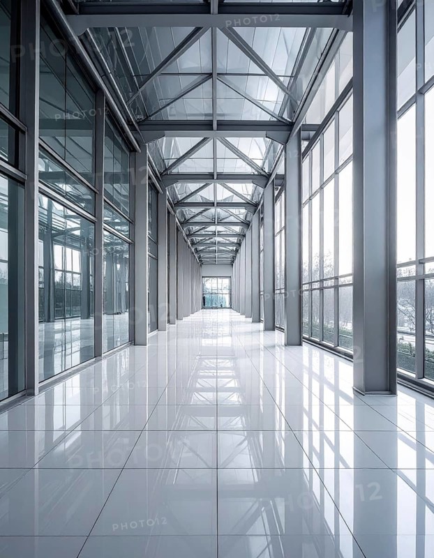 Modern architectural framework with glass and steel structure, glass facade with a greed of steel arrows, blue sky with a soft golden light of a sunrise, AI generated