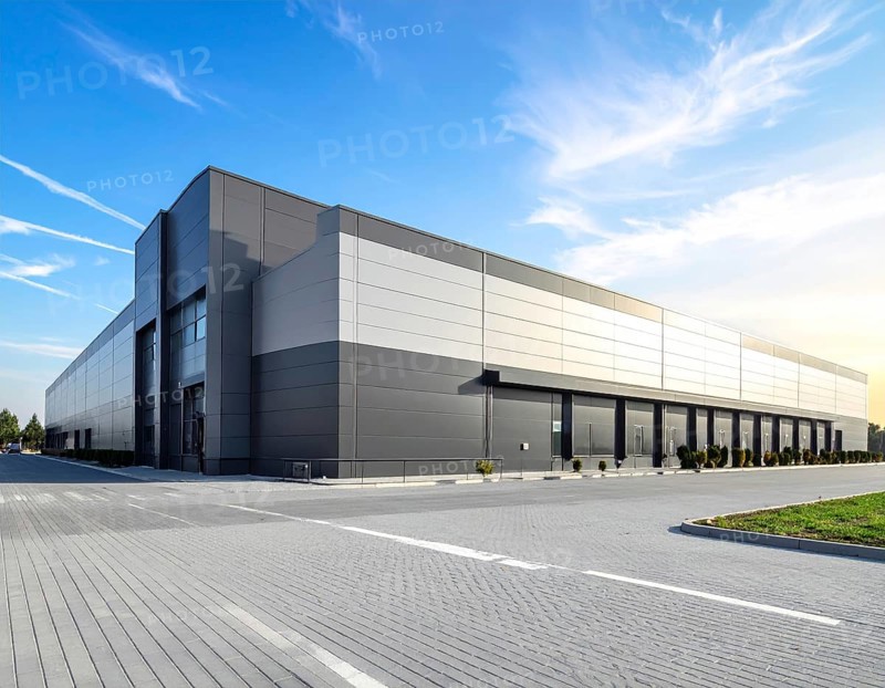 Modern supermarket building exterior against blue sky, Inviting white facade, some clouds, concept of shopping and consume, AI generated