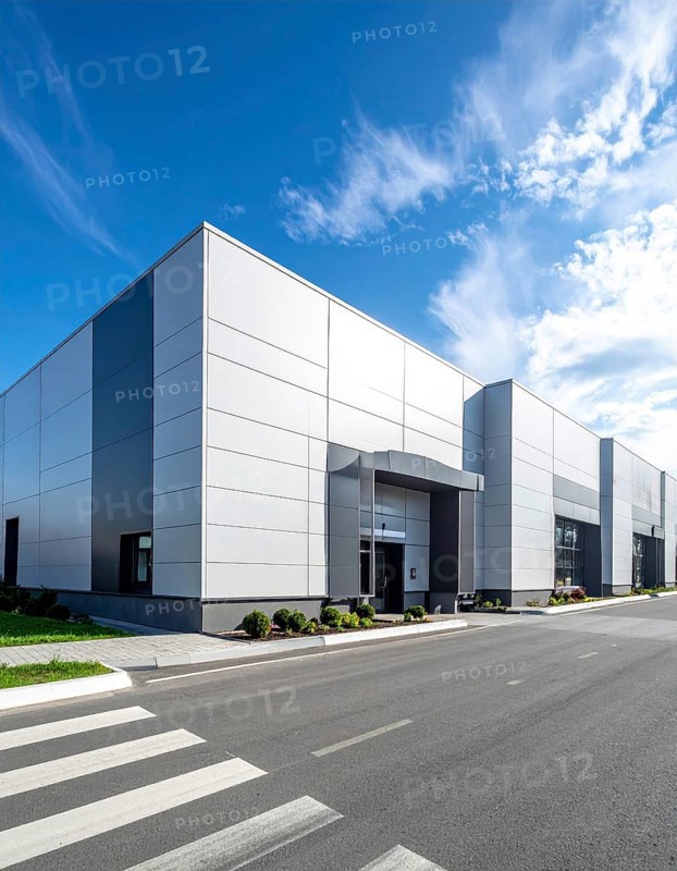Modern supermarket building exterior against blue sky, Inviting white facade, some clouds, concept of shopping and consume, AI generated