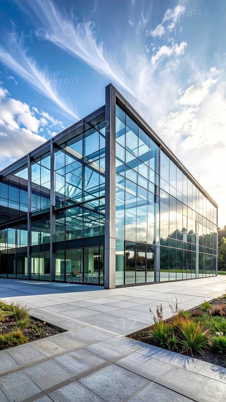 Modern architectural framework with glass and steel structure, glass facade with a greed of steel arrows, blue sky with a soft golden light of a sunrise, AI generated