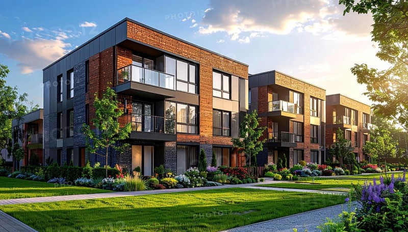Modern apartment building with balconies and well-kept landscaping at sunset, Modern multifamily housing property with brick, siding facade features balconies, manicured lawns. Contemporary residential buildings offer urban living spaces, condominium options in scenic town, blue sky with a colorful sunrise, AI gererated, AI generated
