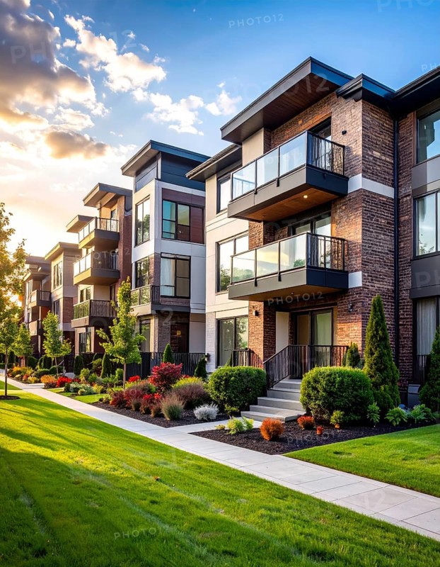 Modern apartment building with balconies and well-kept landscaping at sunset, Modern multifamily housing property with brick, siding facade features balconies, manicured lawns. Contemporary residential buildings offer urban living spaces, condominium options in scenic town, blue sky with a colorful sunrise, AI gererated, AI generated