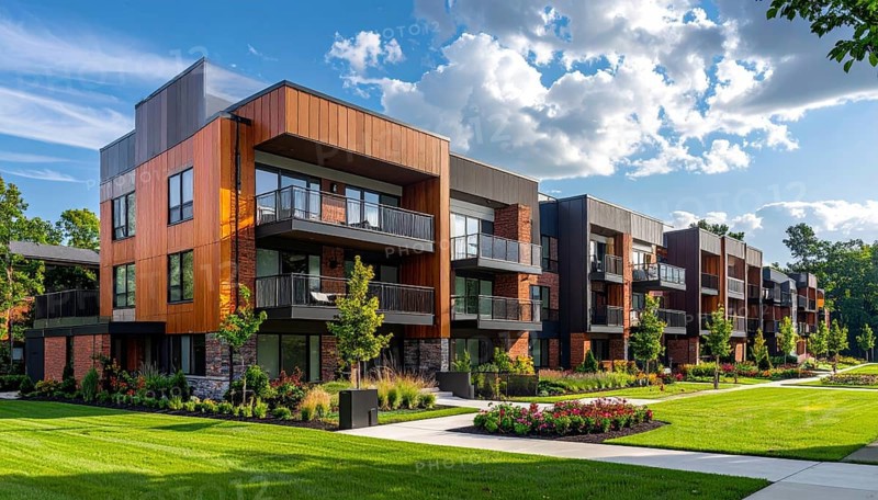 Modern apartment building with balconies and well-kept landscaping at sunset, Modern multifamily housing property with brick, siding facade features balconies, manicured lawns. Contemporary residential buildings offer urban living spaces, condominium options in scenic town, blue sky with a colorful sunrise, AI gererated, AI generated
