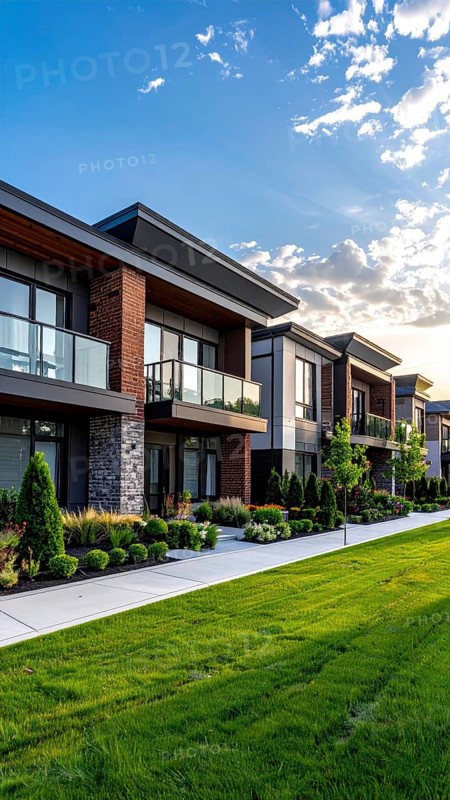 Modern apartment building with balconies and well-kept landscaping at sunset, Modern multifamily housing property with brick, siding facade features balconies, manicured lawns. Contemporary residential buildings offer urban living spaces, condominium options in scenic town, blue sky with a colorful sunrise, AI gererated, AI generated