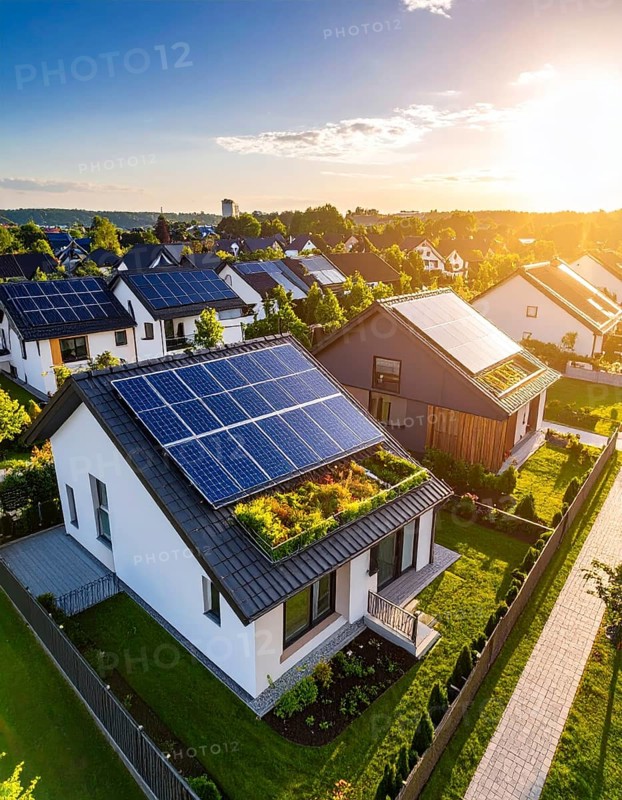 Aerial view showcases modern houses with solar panels and green roofs in a suburban setting, vibrant sunrise with blue sky, AI generated