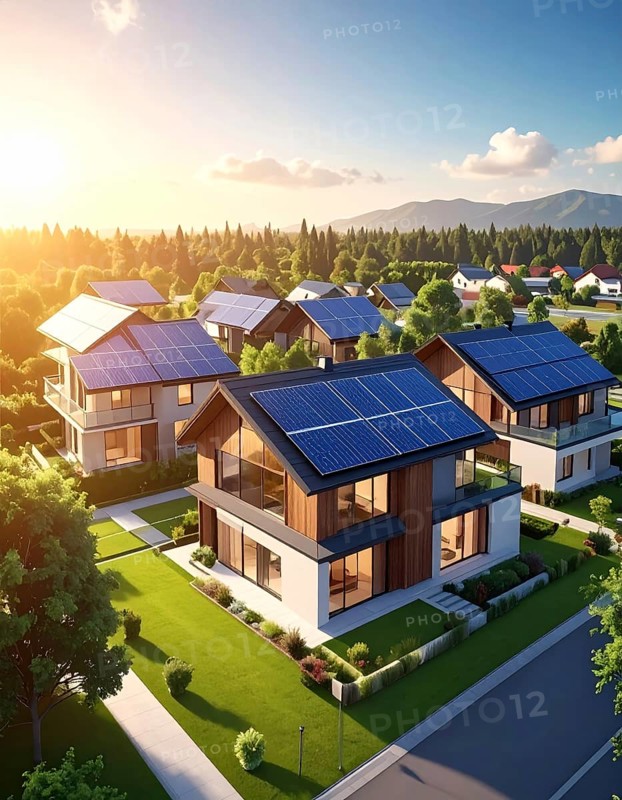 Aerial view showcases modern houses with solar panels and green roofs in a suburban setting, vibrant sunrise with blue sky, AI generated