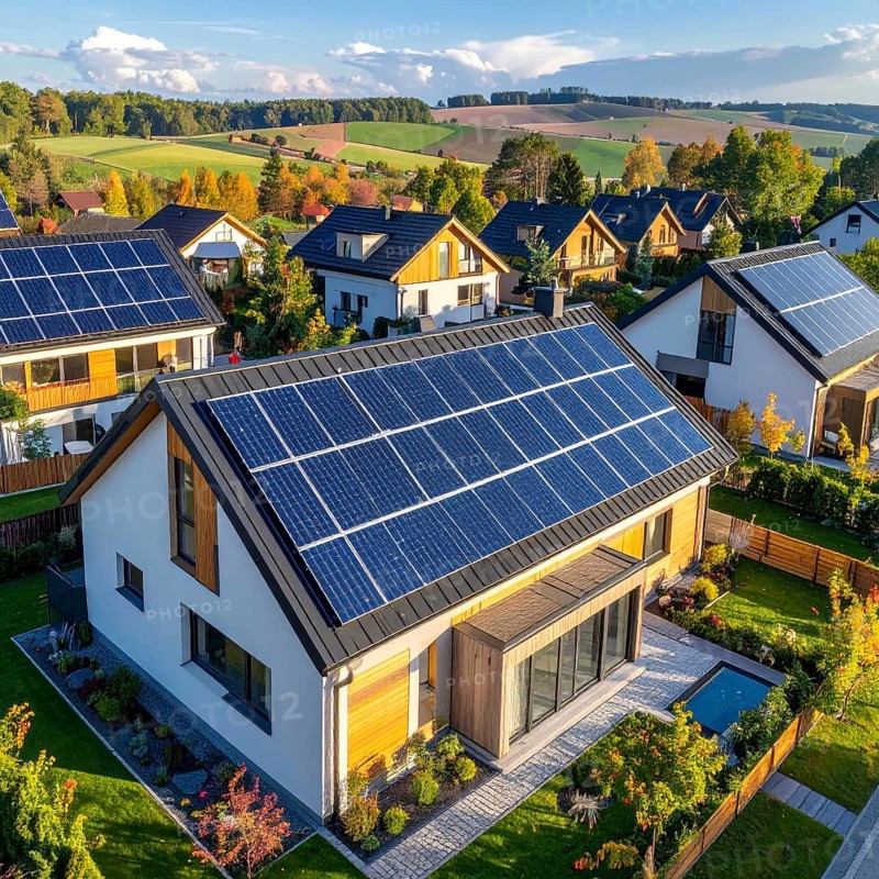 Aerial view showcases modern houses with solar panels and green roofs in a suburban setting, vibrant sunrise with blue sky, AI generated