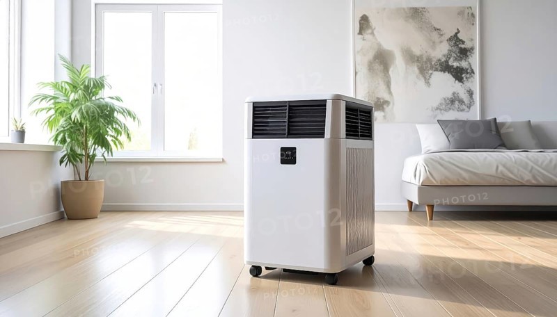A specialized dehumidifier operates in a mold-infested room following water damage, Shell construction at construction site, AI generated
