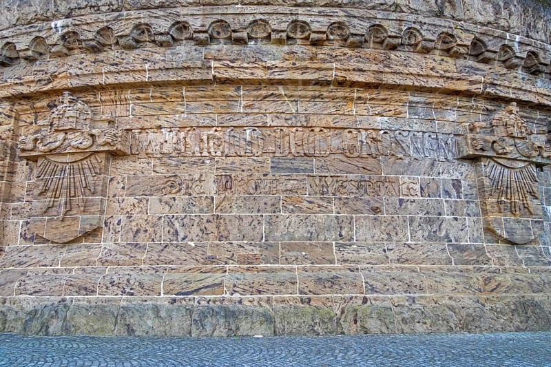 Detail, inscription, Kaiser Wilhelm Memorial, Porta Westfalica, North Rhine-Westphalia, Germany