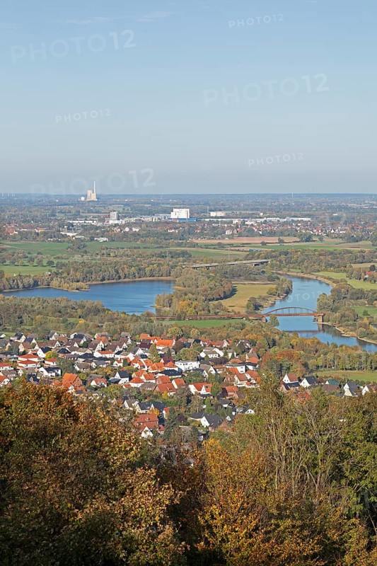 View of Weser and Porta Westfalica from the Kaiser Wilhelm Memorial, North Rhine-Westphalia, Germany