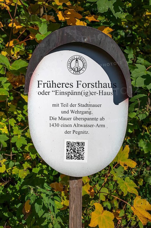 Information board in front of a historic, former forester's lodge, Lauf an der Pegnitz, Middle Franconia, Bavaria, Germany