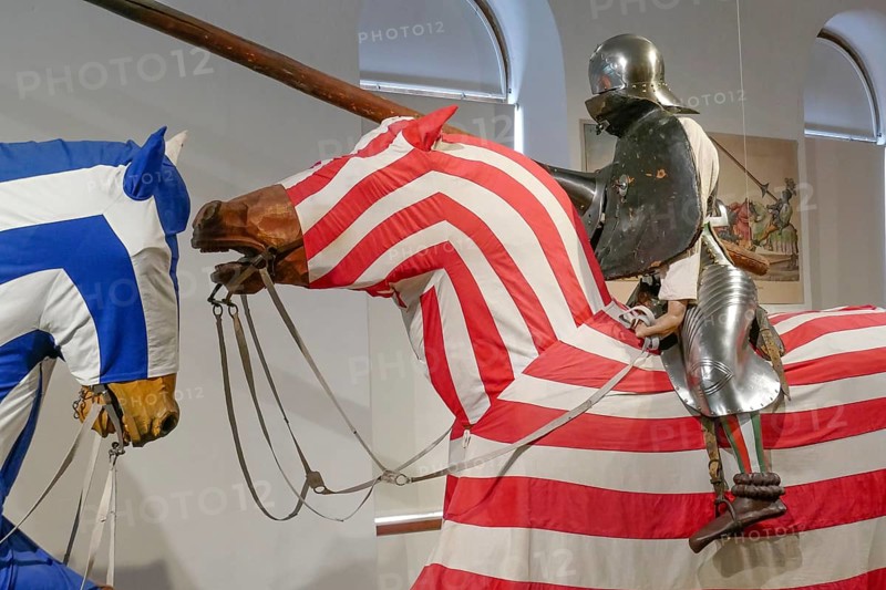 Knight in knight armor on horse, armory, interior view, Ambras Castle, Innsbruck, Tyrol, Austria