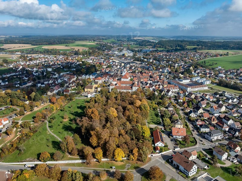 Aerial view, panorama of the city of Messkirch with Messkirch Castle and Castle of the Counts of Zimmern, Sigmaringen district, Baden-Württemberg, Germany