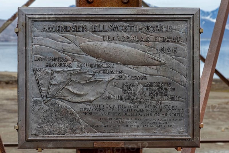 Commemoration plaque for Amundsen-Ellsworth 1926 Transpolar Flight at Ny-Alesund, Oscar II Land, Kongsfjorden, Svalbard, Spitsbergen, Norway