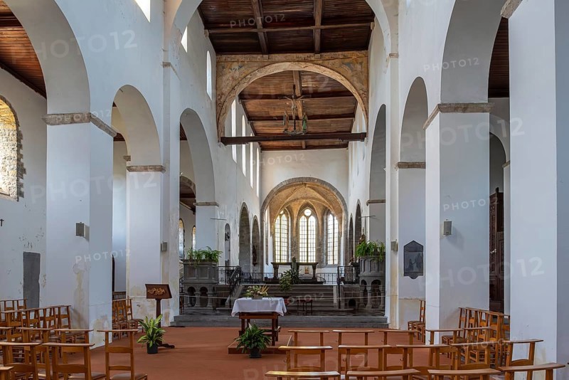 Interior of 11th century Abbey Church of St Peter, Église abbatiale Saint-Pierre d'Hastière, Hastière-par-delà, province of Namur, Wallonia, Belgium