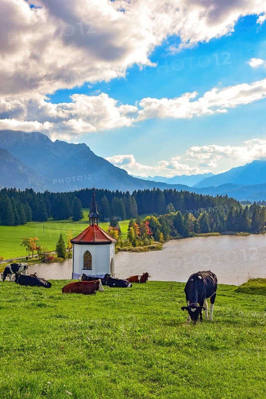 Chapel above the Hegratsried pond between Lake protected forest and Lake Forggensee near Füssen im Allgäu, Bavaria, Germany