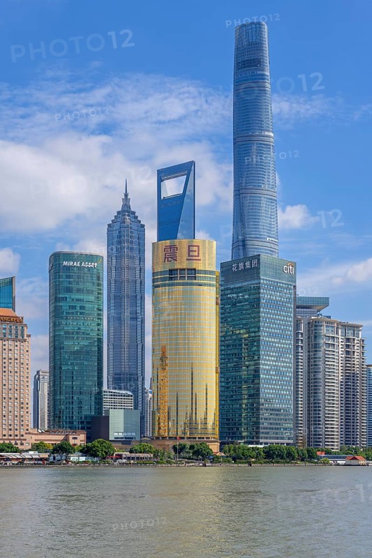Huangpu River and Lujiazui skyline with skyscrapers, Shanghai Tower and Jin Mao Tower in financial district of Pudong at city Shanghai, China