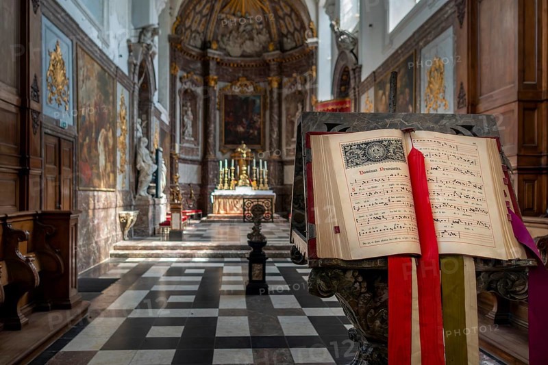 Lectern with hymn book in choir of the John the Evangelist church at 12th century Premonstratensian Park Abbey at Heverlee, Flemish Brabant, Belgium