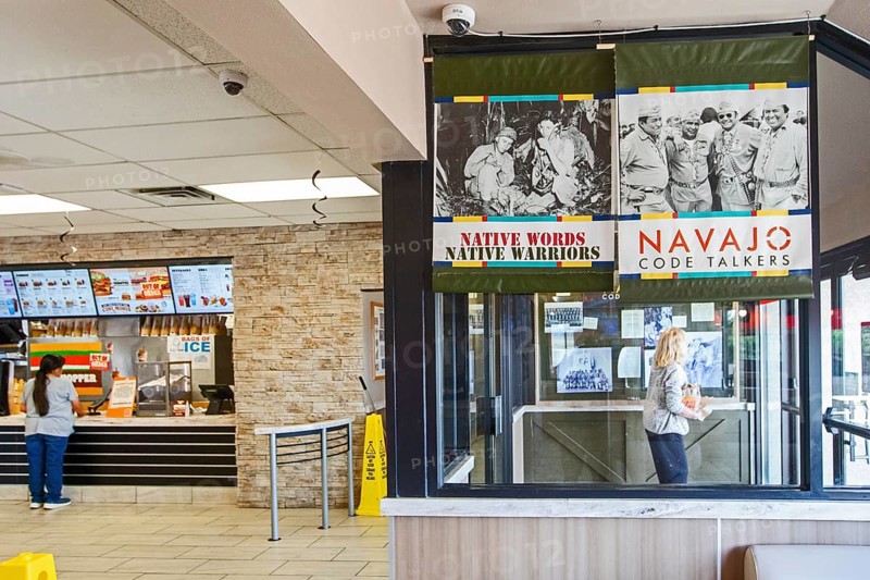 Kayenta, Arizona - Part of a Navajo Code Talker display inside a Burger King restaurant on the Navajo Nation. The U.S. military used Navajo men to transmit messages in their language during World War II. The restaurant is owned by the son of an original Code Talker
