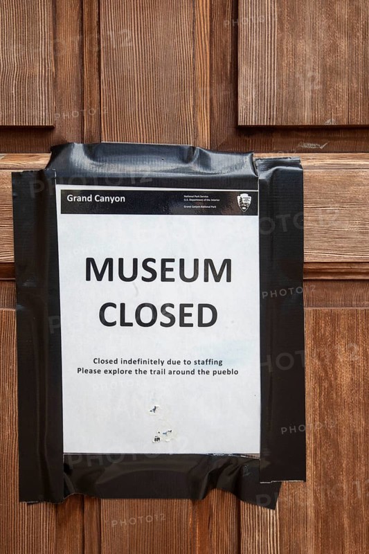 Grand Canyon National Park, Arizona - The Tusayan Ruin and Museum on the Grand Canyon's south rim. A sign on the museum's door says that it is closed indefinitely due to staffing. The staffing shortage pre-dates the 2025 government shutdown