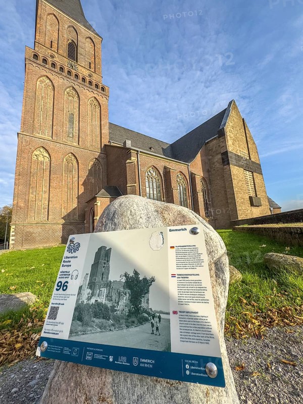 In the foreground, historical photo of St. Martini Catholic Church in Emmerich on the banks of the Rhine, Emmerich, Lower Rhine, North Rhine-Westphalia, Germany