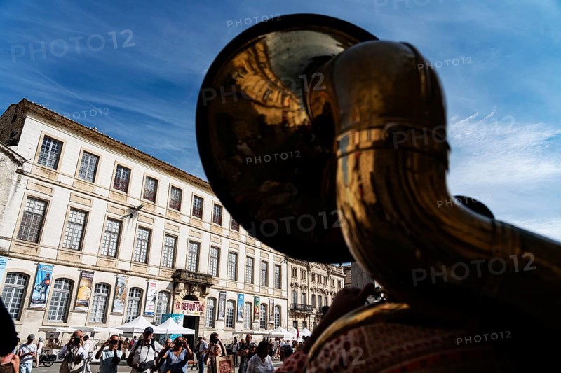 Sousaphone, wind instrument by Kapelle, Place de la Republique, Festival du Riz, Arles, France