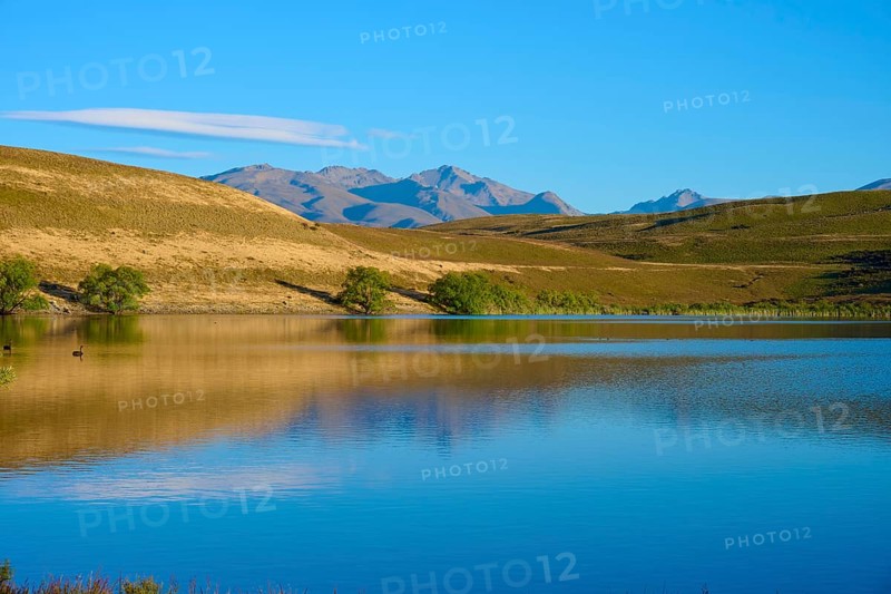 Calm lake with mountains and blue sky in the background, Lake McGregor, Tekapo, Canterbury, South Island, New Zealand