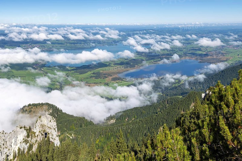 Panorama from Tegelberg, 1881m, on Forggensee and Bannwaldsee, Ostallgäu, Bavaria, Germany