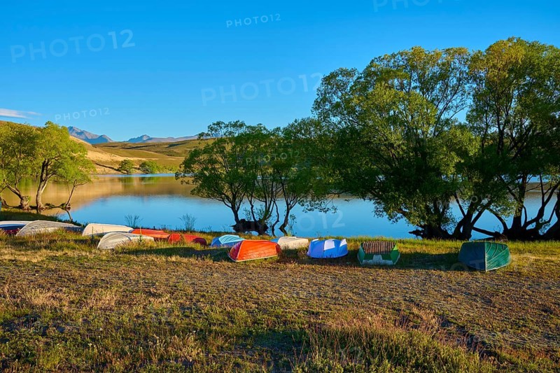 Boats are tipped over on the shores of a calm lake in the evening with wooded hills, Lake McGregor, Tekapo, Canterbury, South Island, New Zealand