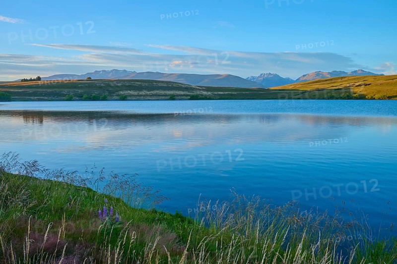 Calm lake with surrounding mountains and blue sky at sunset, Lake McGregor, Tekapo, Canterbury, South Island, New Zealand