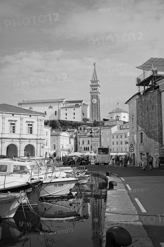 Marina and old town of Piran, black and white photo, Adriatic, Mediterranean, Piran, Istria, Slovenia
