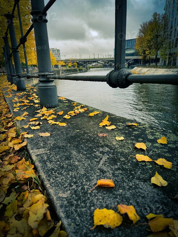 Wet stone edge on the canal with yellow autumn leaves and solid railings, in the background bridge and city under heavy cloudy sky, at Berlin Central Station, 10557 Berlin, Germany
