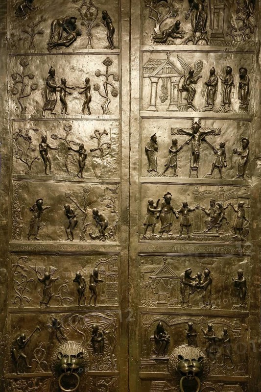Bernward Door or Bernward Door, Hildesheim Cathedral or High Cathedral Church of St. Mary's Ascension in pre-Romanesque style, Cathedral of the Roman Catholic Diocese of Hildesheim, UNESCO World Heritage Site, Hildesheim, Lower Saxony, Germany