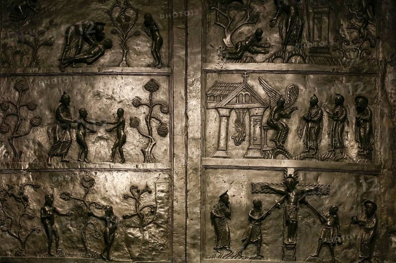 Bernward Door or Bernward Door, Hildesheim Cathedral or High Cathedral Church of St. Mary's Ascension in pre-Romanesque style, Cathedral of the Roman Catholic Diocese of Hildesheim, UNESCO World Heritage Site, Hildesheim, Lower Saxony, Germany