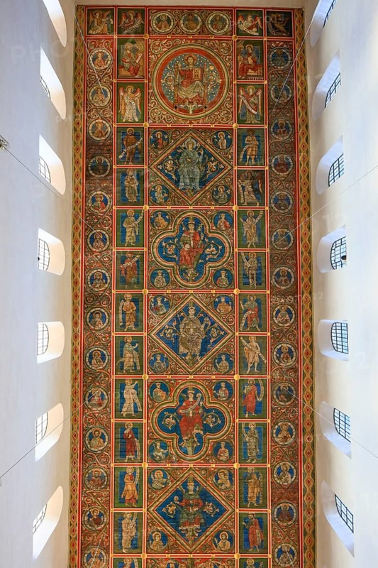 Painted wooden ceiling from the 13th century in the central nave of the nave depicting the Jesse tree, St. Michael's Church or St. Michaelis, Ottonian church in pre-Romanesque or early Romanesque style, UNESCO World Heritage Site, Hildesheim, Lower Saxony, Germany
