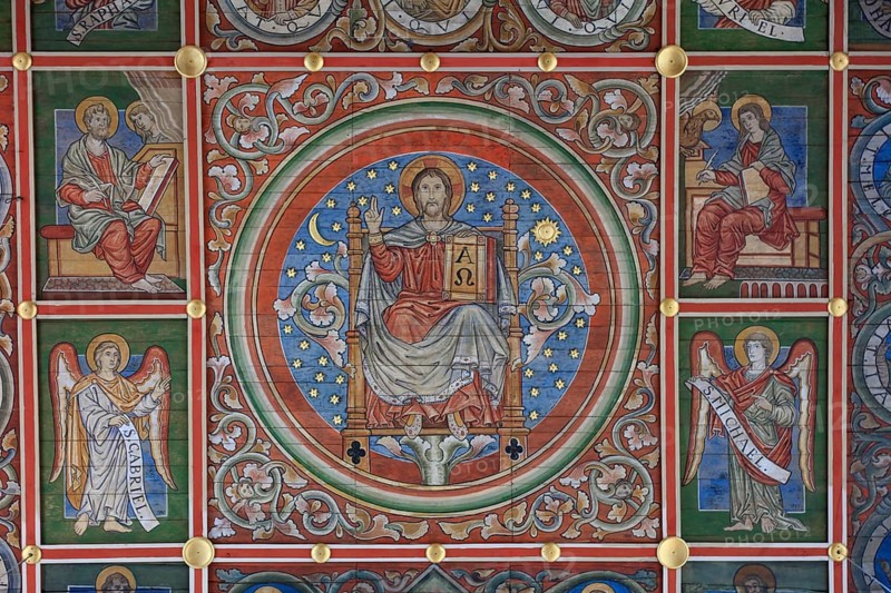 Painted wooden ceiling from the 13th century in the central nave of the nave depicting the Yesse tree, Christ as World Judge, St. Michael's Church or St. Michaelis, Ottonian church in pre-Romanesque or early Romanesque style, UNESCO World Heritage Site, Hildesheim, Lower Saxony, Germany