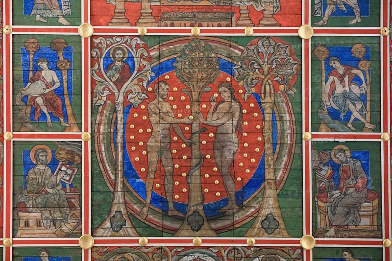 Painted wooden ceiling from the 13th century in the central nave of the nave depicting the Yesse tree, Adam and Eve, the fall of sin in paradise, St. Michael's Church or St. Michaelis, Ottonian church in pre-Romanesque or early Romanesque style, UNESCO World Heritage Site, Hildesheim, Lower Saxony, Germany