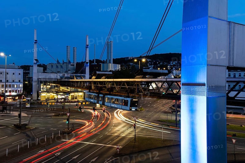 Night view of the Wuppertal suspension railway at the Alter Markt stop and intersection in Wuppertal, Germany, digitally processed and assembled