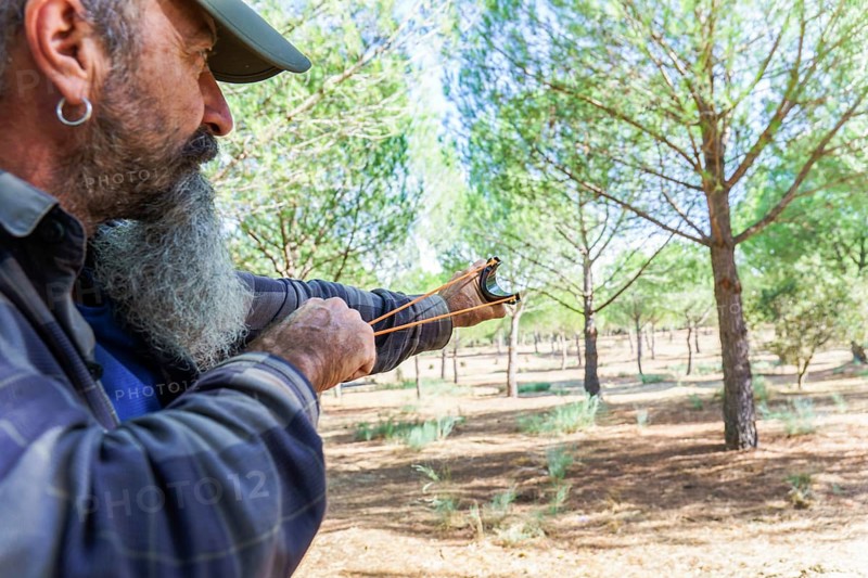 Man with a long beard holding a slingshot, aiming a projectile in a forest environment. Concept of outdoor hunting skill