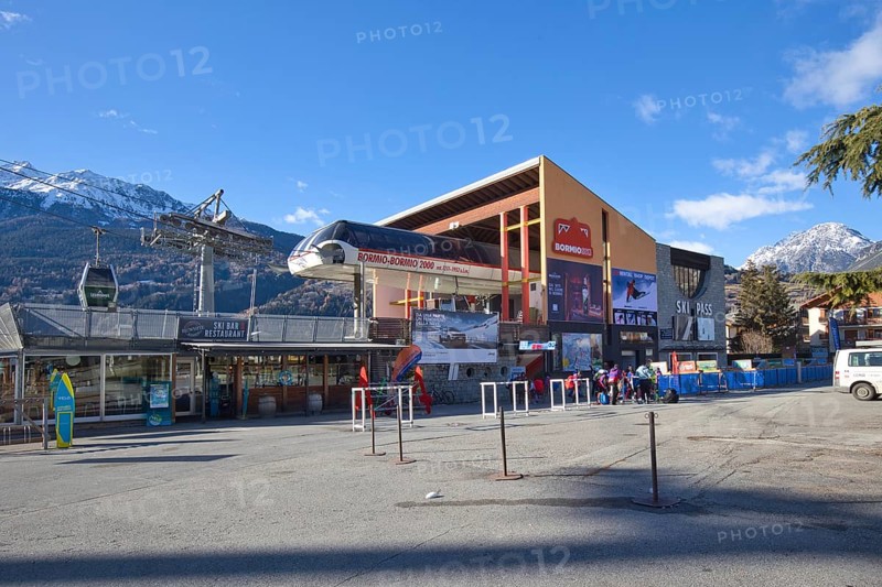 Valley station of the Funivia Bormio 2000 cable car, which connects the city of Bormio in Lombardy with the alpine region