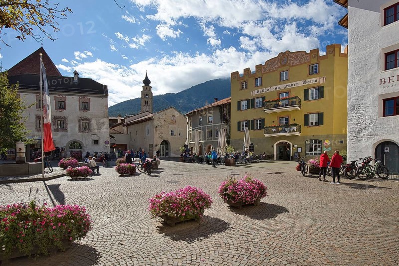 Historic buildings on the town square of Glorenza in South Tyrol