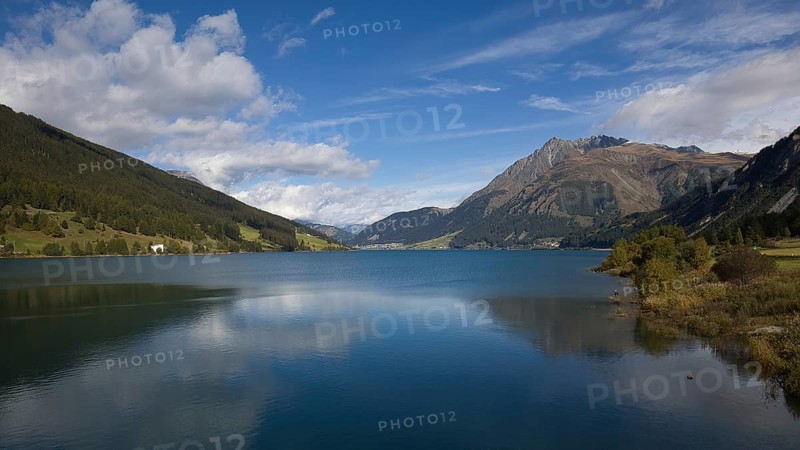 Landscape on Lake Reschen in the Vinschgau Valley in Italy
