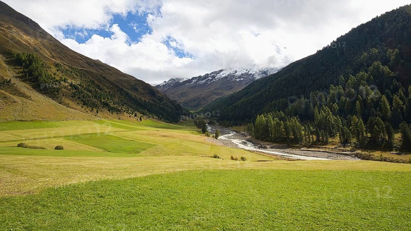 Landscape in Langtaufers in South Tyrol with stream, meadow, forests and mountains